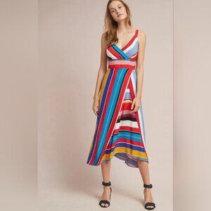 Tracy Reese Anthropologie Dress Womens 4 Seaside Stripe Fit Flare Midi Casual